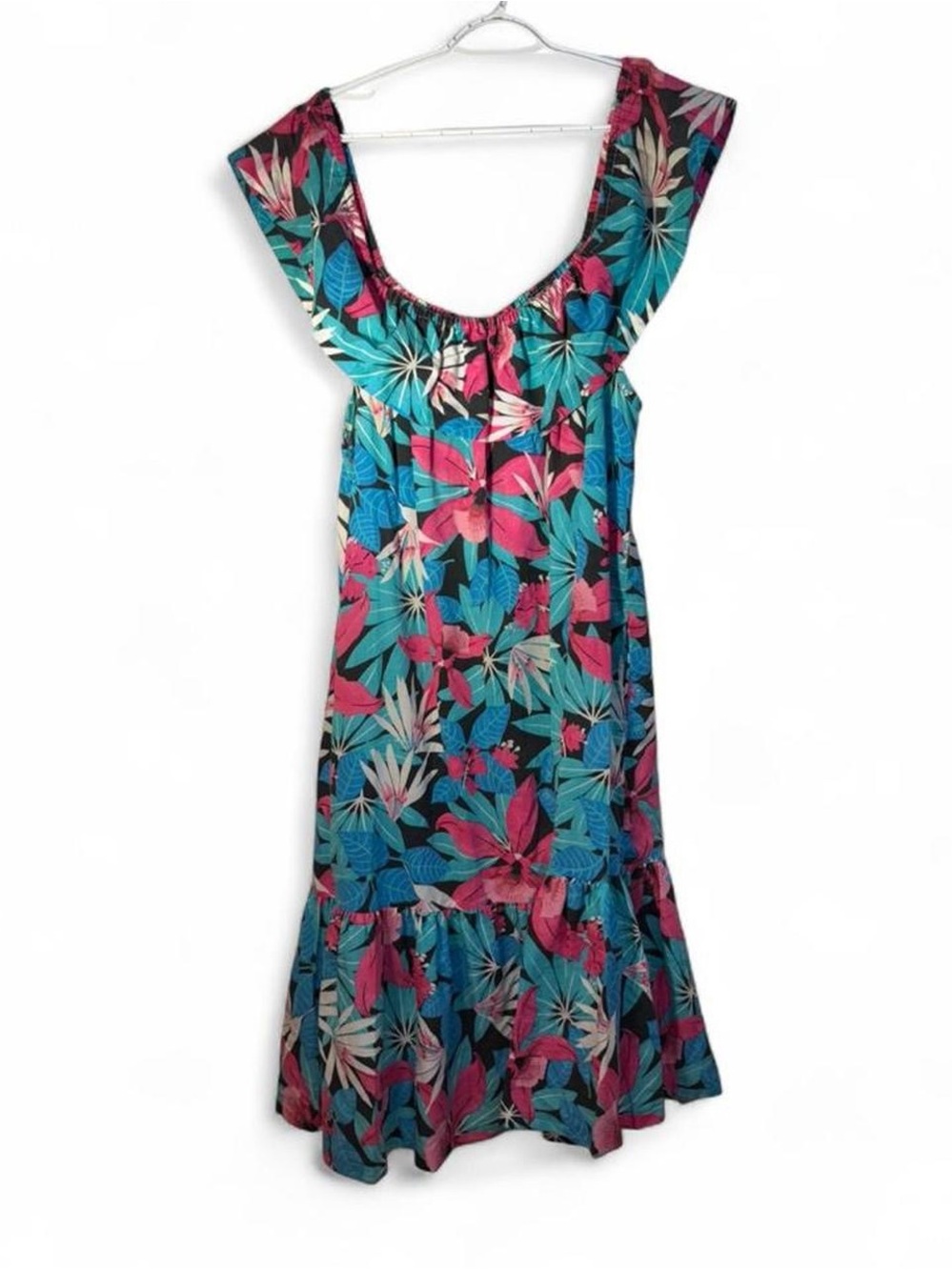 Vintage Ashley Ann Tropical Floral Maxi Dress in Teal, Pink, Black